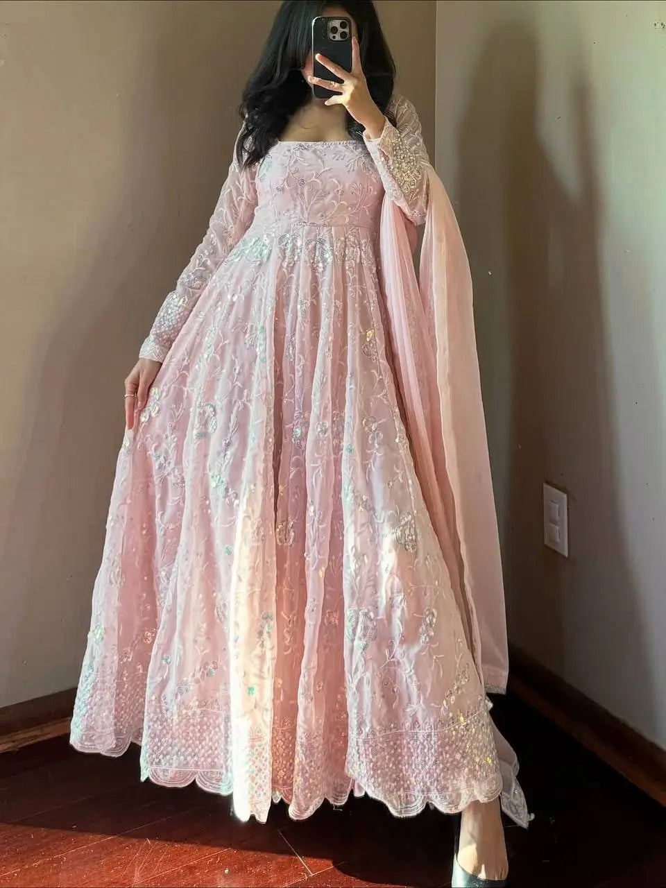 Embroidered Fox Georgette Anarkali Gown Set