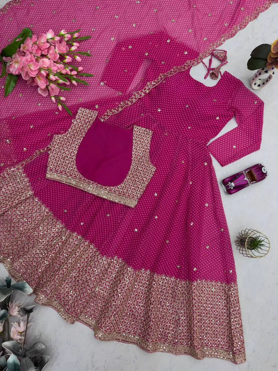Embroidered Fox Georgette Gown Set with Koti and Dupatta