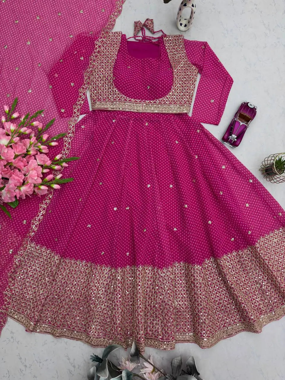 Embroidered Fox Georgette Gown Set with Koti and Dupatta