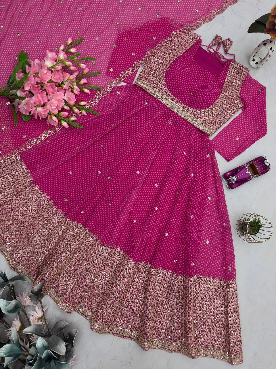 Embroidered Fox Georgette Gown Set with Koti and Dupatta
