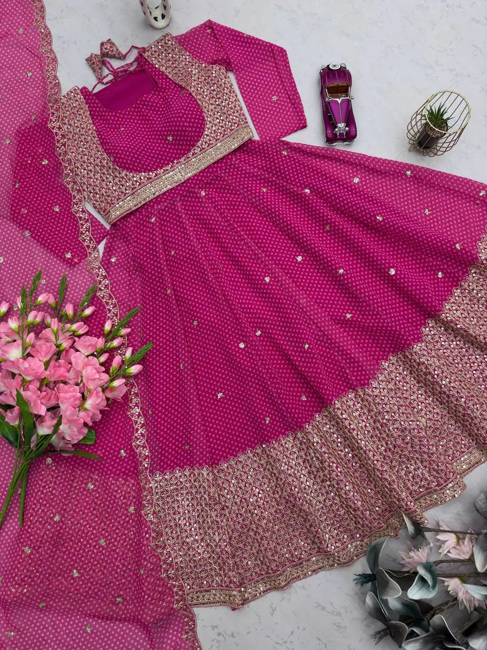 Embroidered Fox Georgette Gown Set with Koti and Dupatta