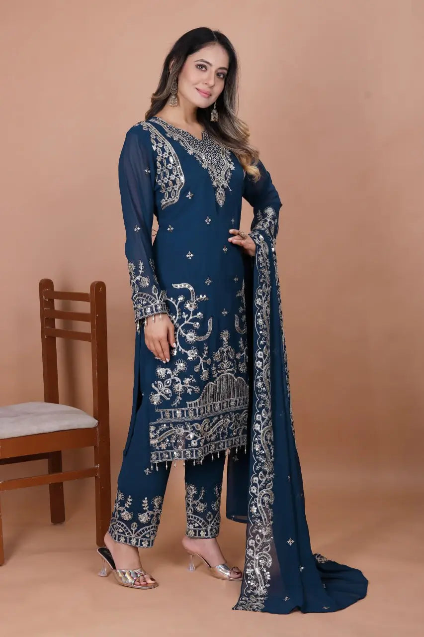 Embroidered Fox Georgette Kurta Pant Set
