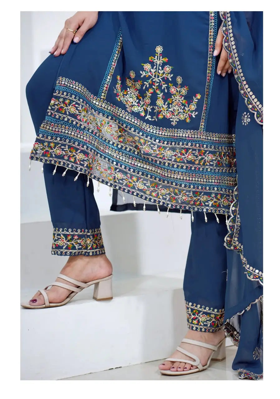 Embroidered Fox Georgette Kurta Pant Set