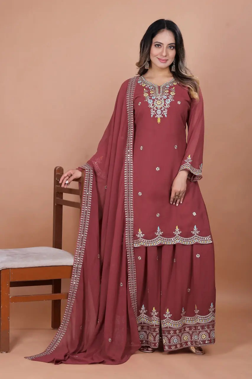 Embroidered Fox Georgette Kurta Sharara Set