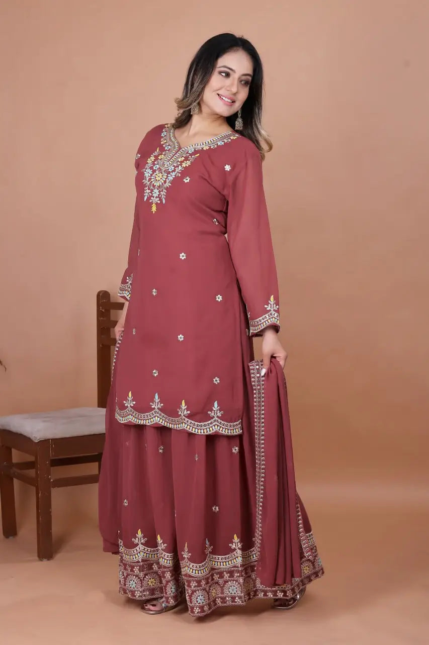 Embroidered Fox Georgette Kurta Sharara Set