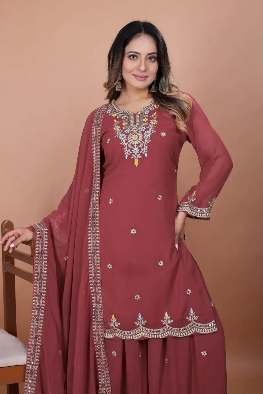 Embroidered Fox Georgette Kurta Sharara Set