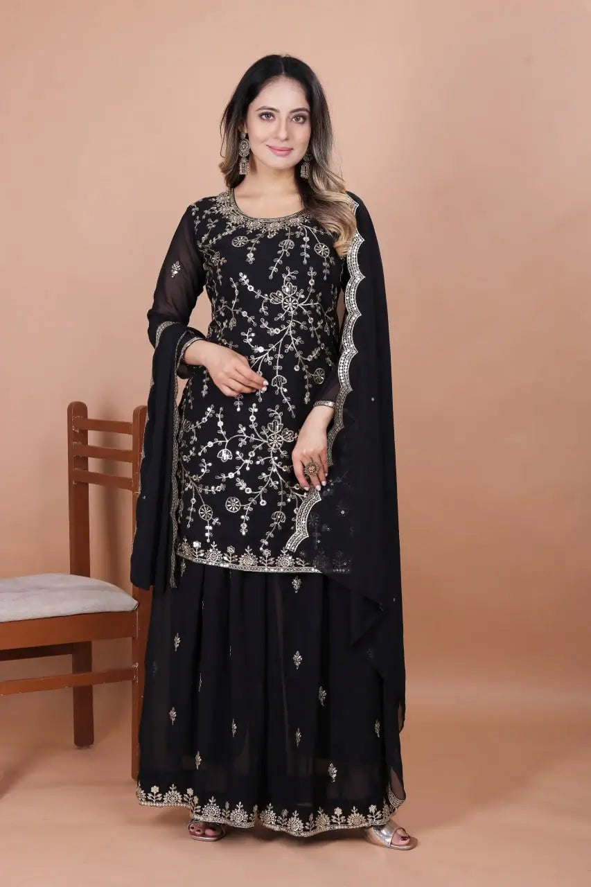Embroidered Fox Georgette Kurta Sharara Set