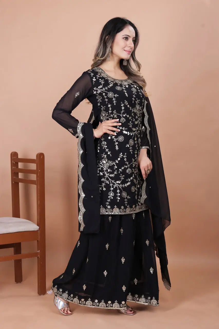 Embroidered Fox Georgette Kurta Sharara Set