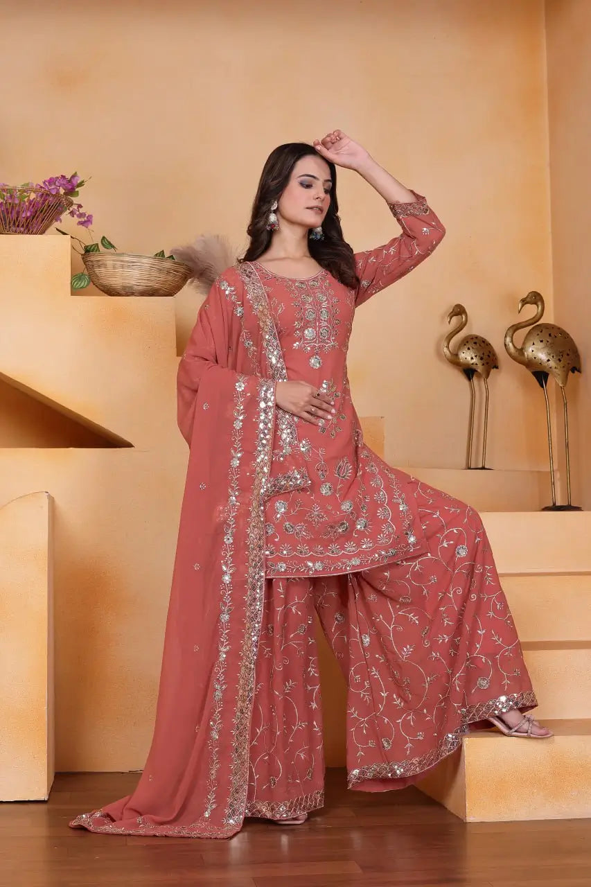 Embroidered Fox Georgette Kurta Sharara Set