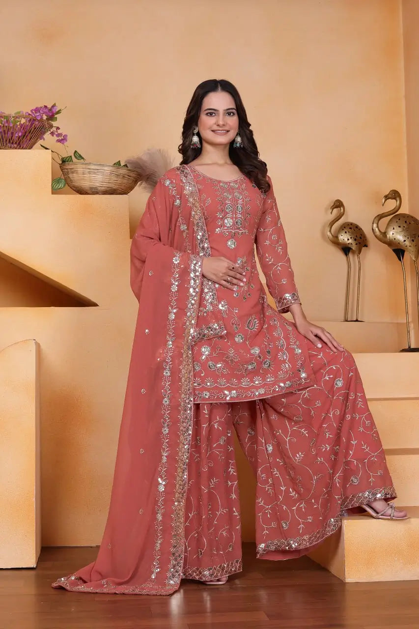 Embroidered Fox Georgette Kurta Sharara Set
