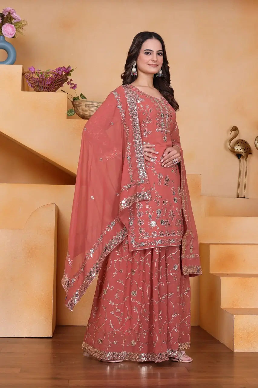 Embroidered Fox Georgette Kurta Sharara Set