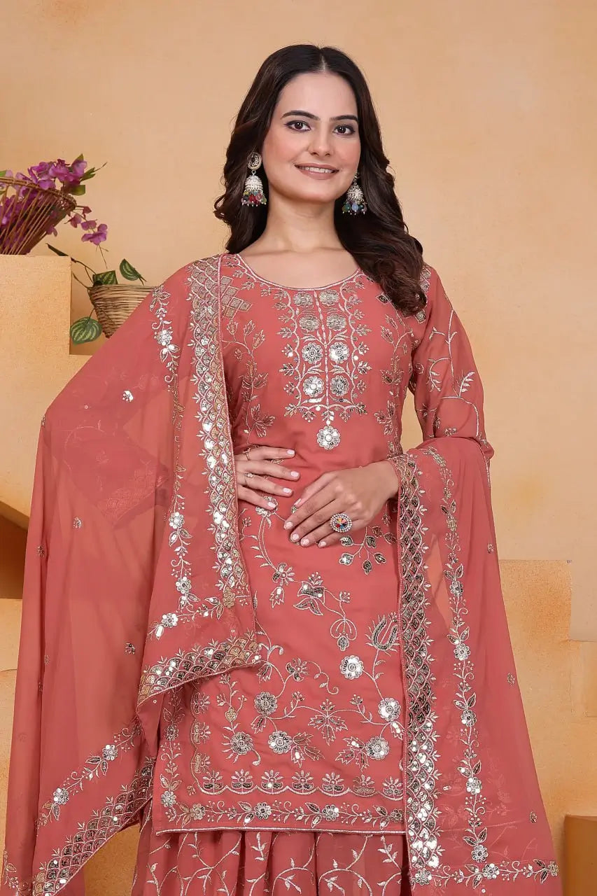 Embroidered Fox Georgette Kurta Sharara Set