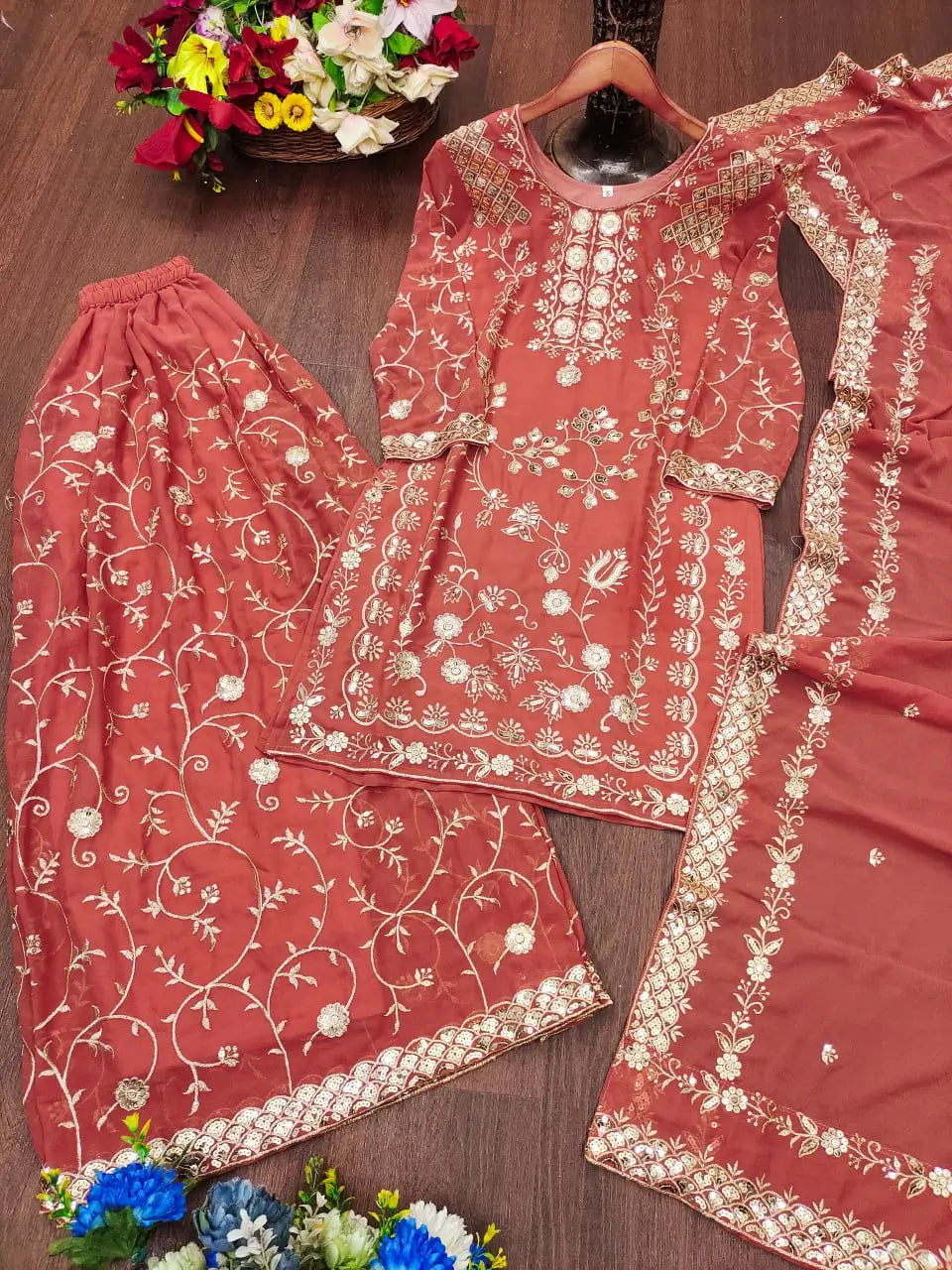 Embroidered Fox Georgette Kurta Sharara Set