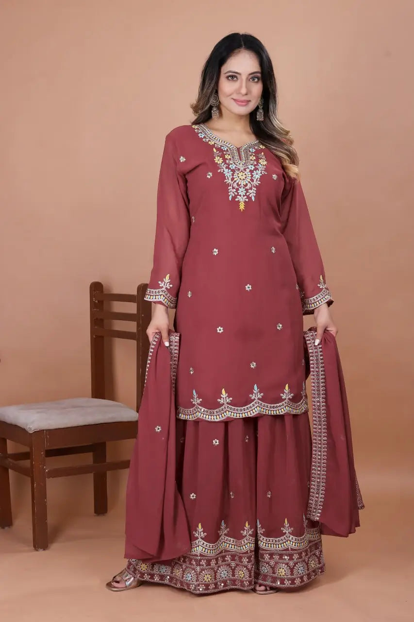 Embroidered Fox Georgette Kurta Sharara Set