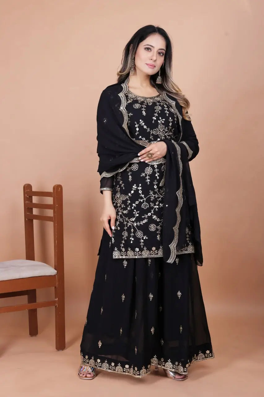 Embroidered Fox Georgette Kurta Sharara Set