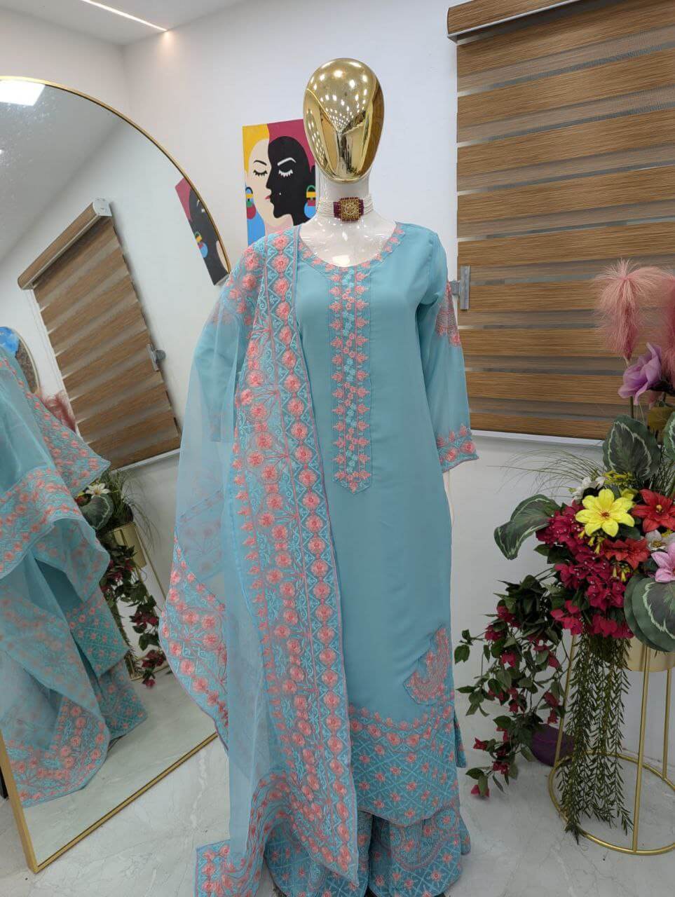 Embroidered Fox Georgette Palazzo Suit
