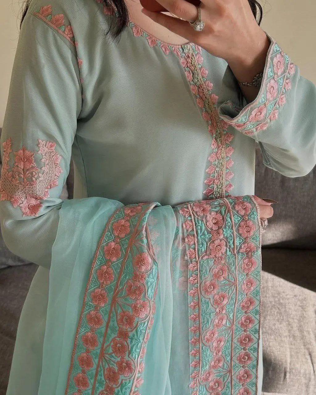 Embroidered Fox Georgette Palazzo Suit