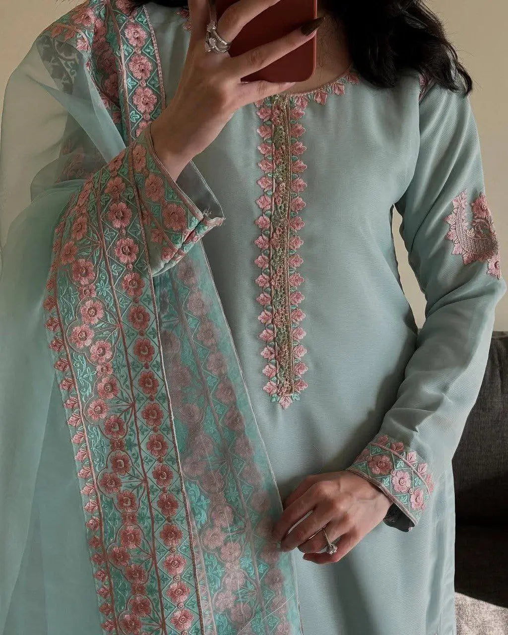 Embroidered Fox Georgette Palazzo Suit
