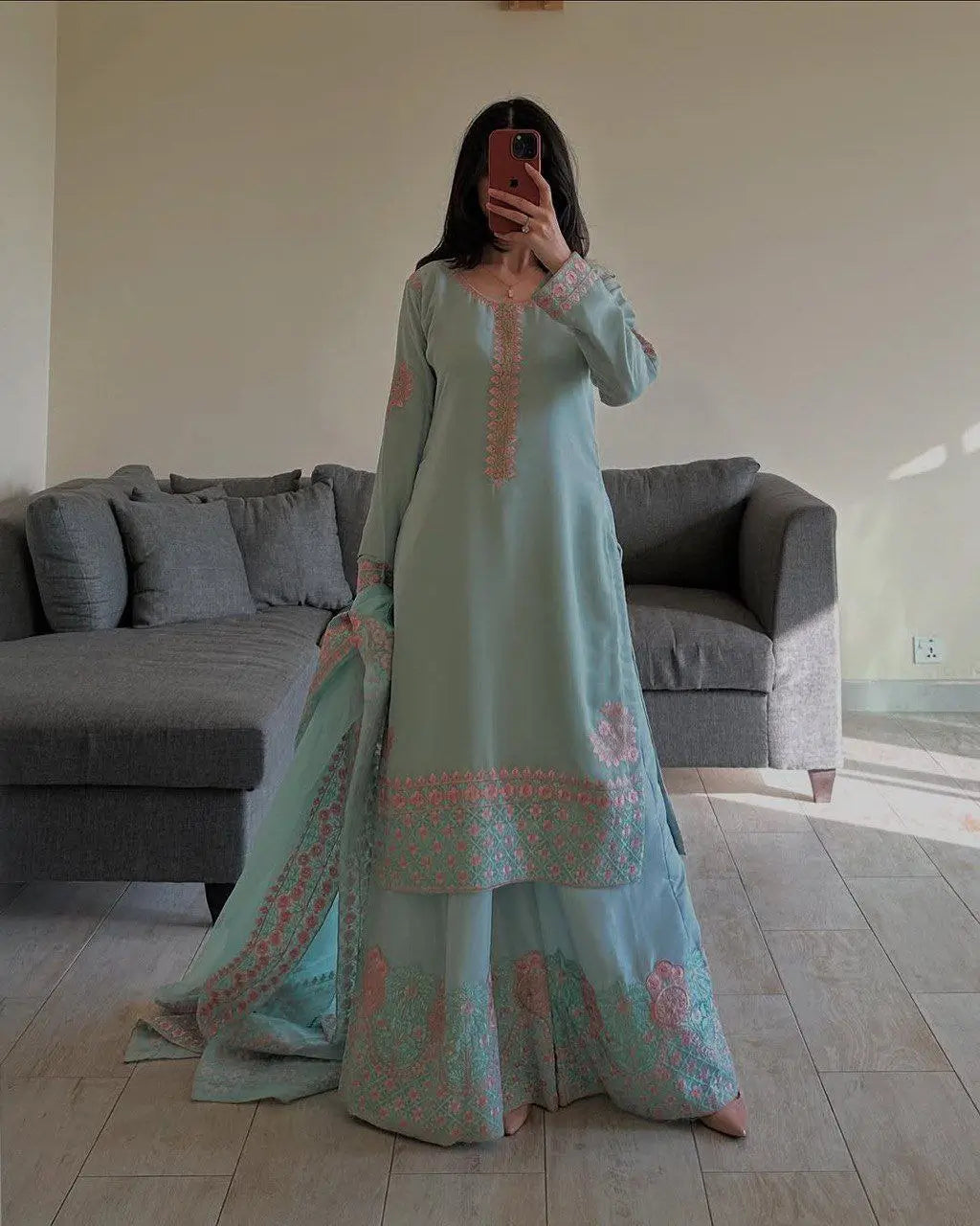 Embroidered Fox Georgette Palazzo Suit