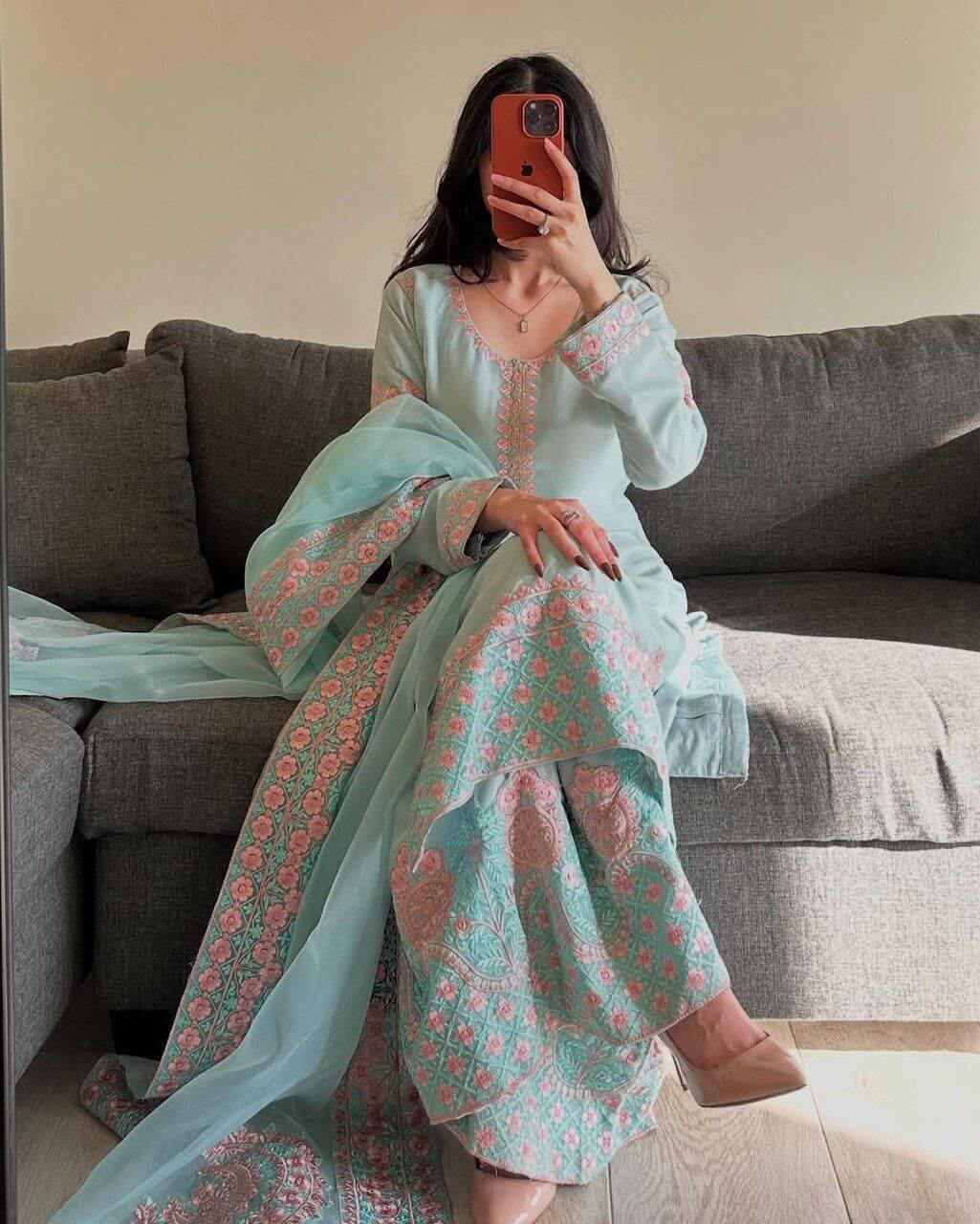 Embroidered Fox Georgette Palazzo Suit