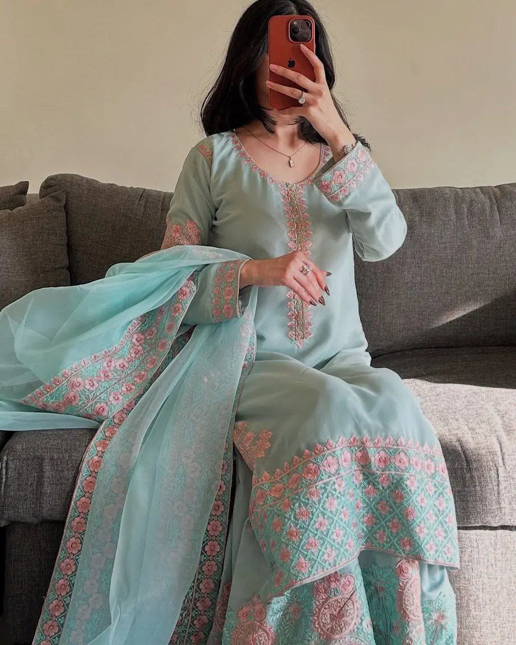 Embroidered Fox Georgette Palazzo Suit