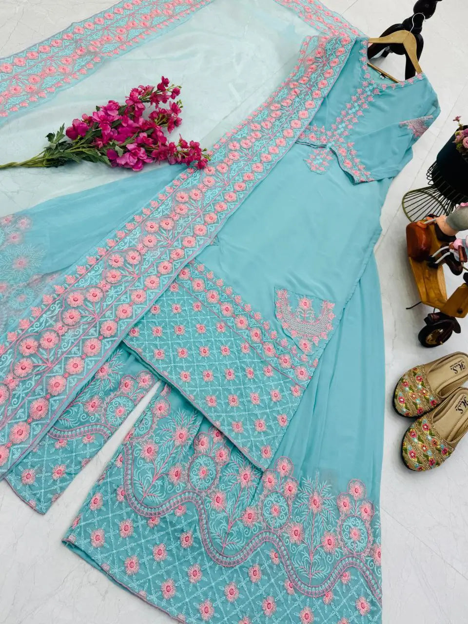 Embroidered Fox Georgette Palazzo Suit
