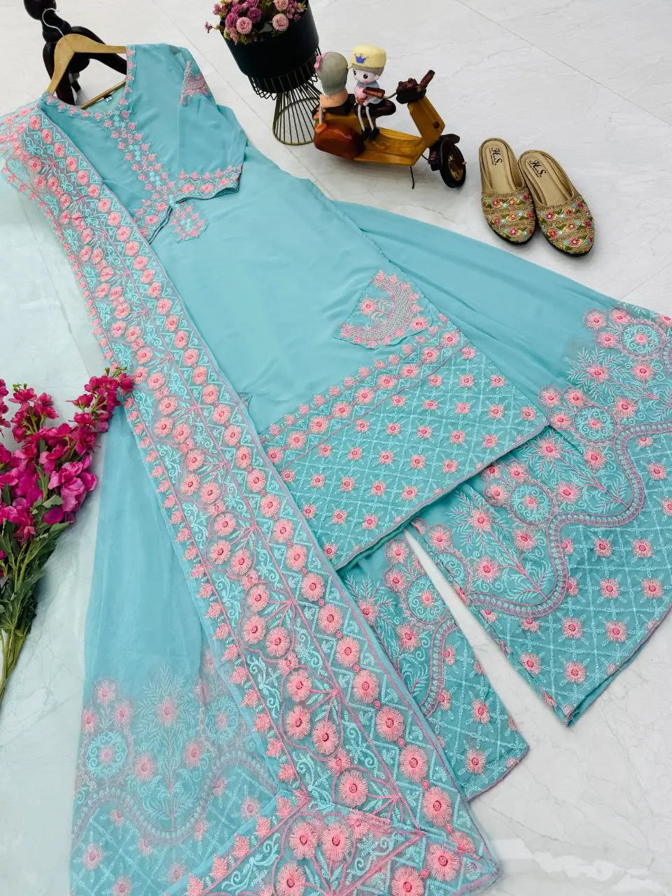 Embroidered Fox Georgette Palazzo Suit