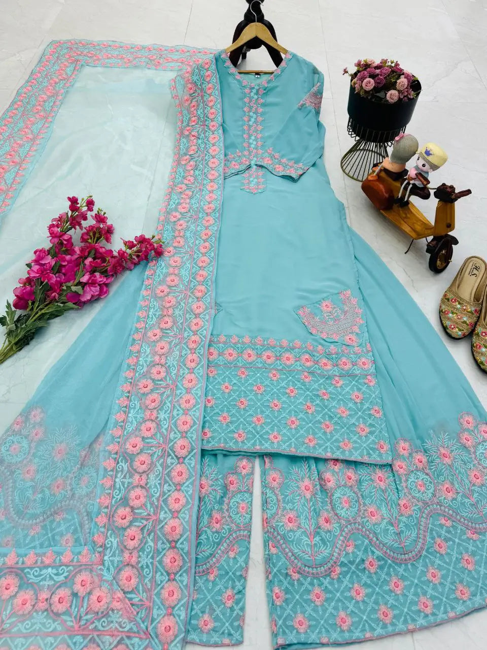 Embroidered Fox Georgette Palazzo Suit