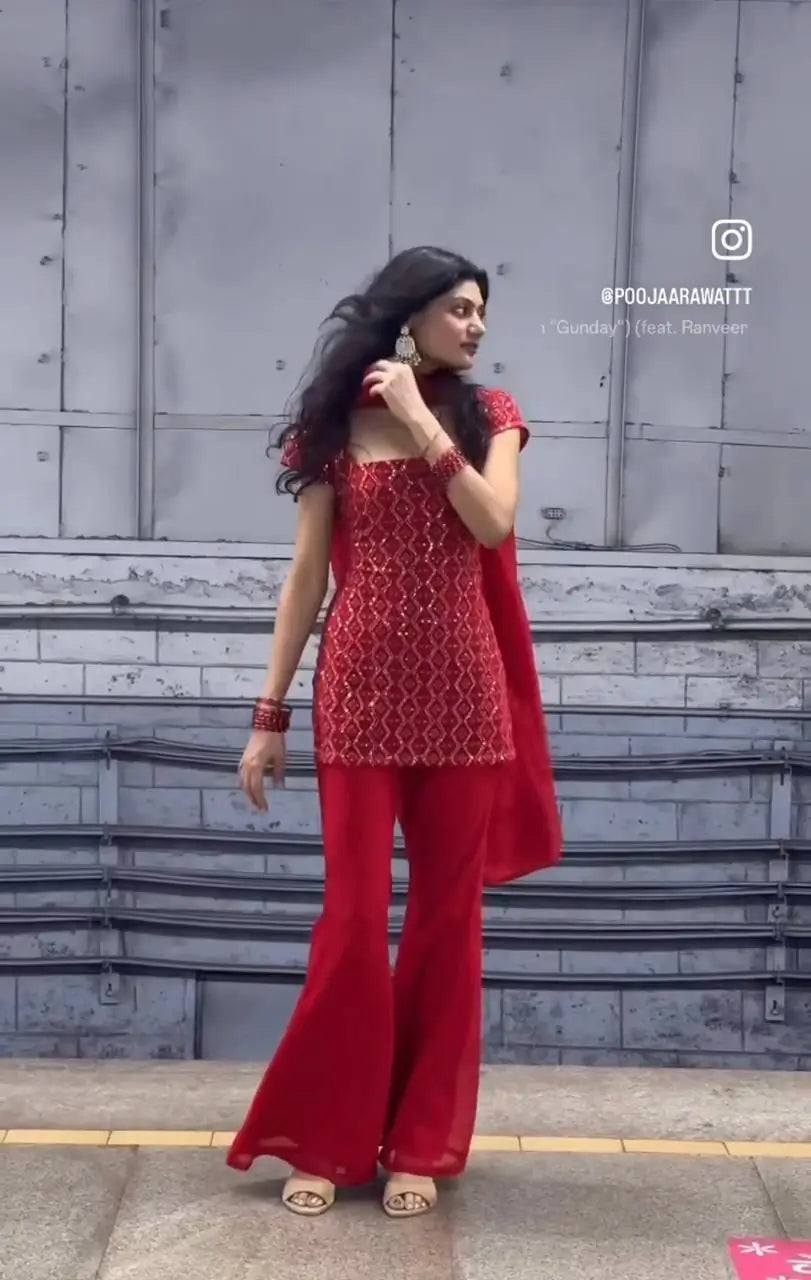 Embroidered Fox Georgette Palazzo Suit Set