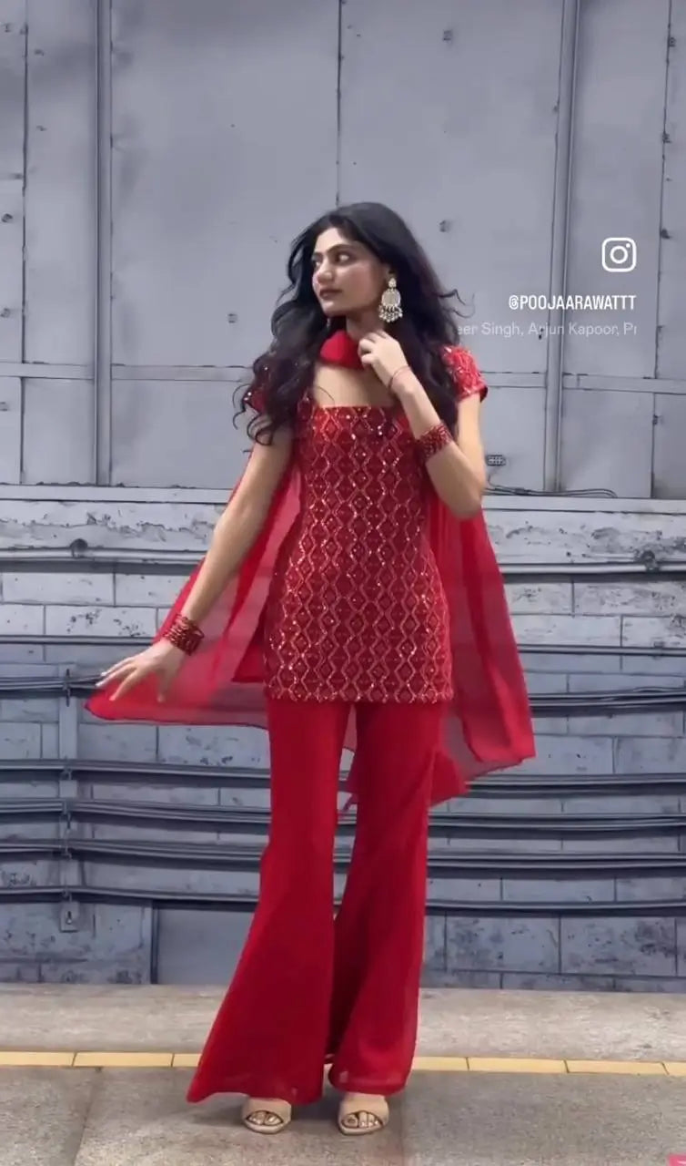 Embroidered Fox Georgette Palazzo Suit Set