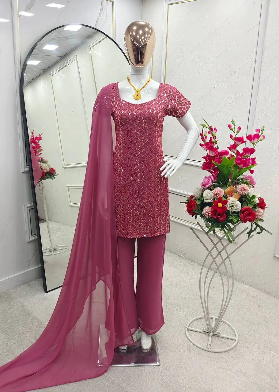 Embroidered Fox Georgette Palazzo Suit Set