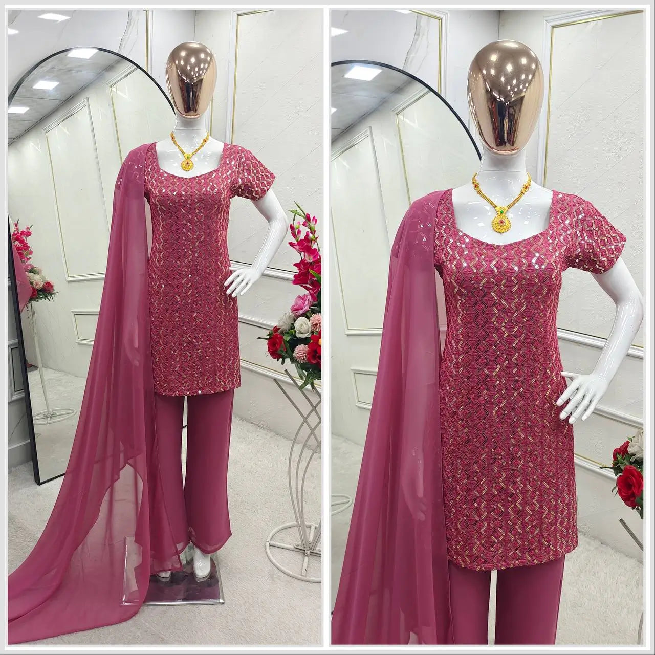Embroidered Fox Georgette Palazzo Suit Set
