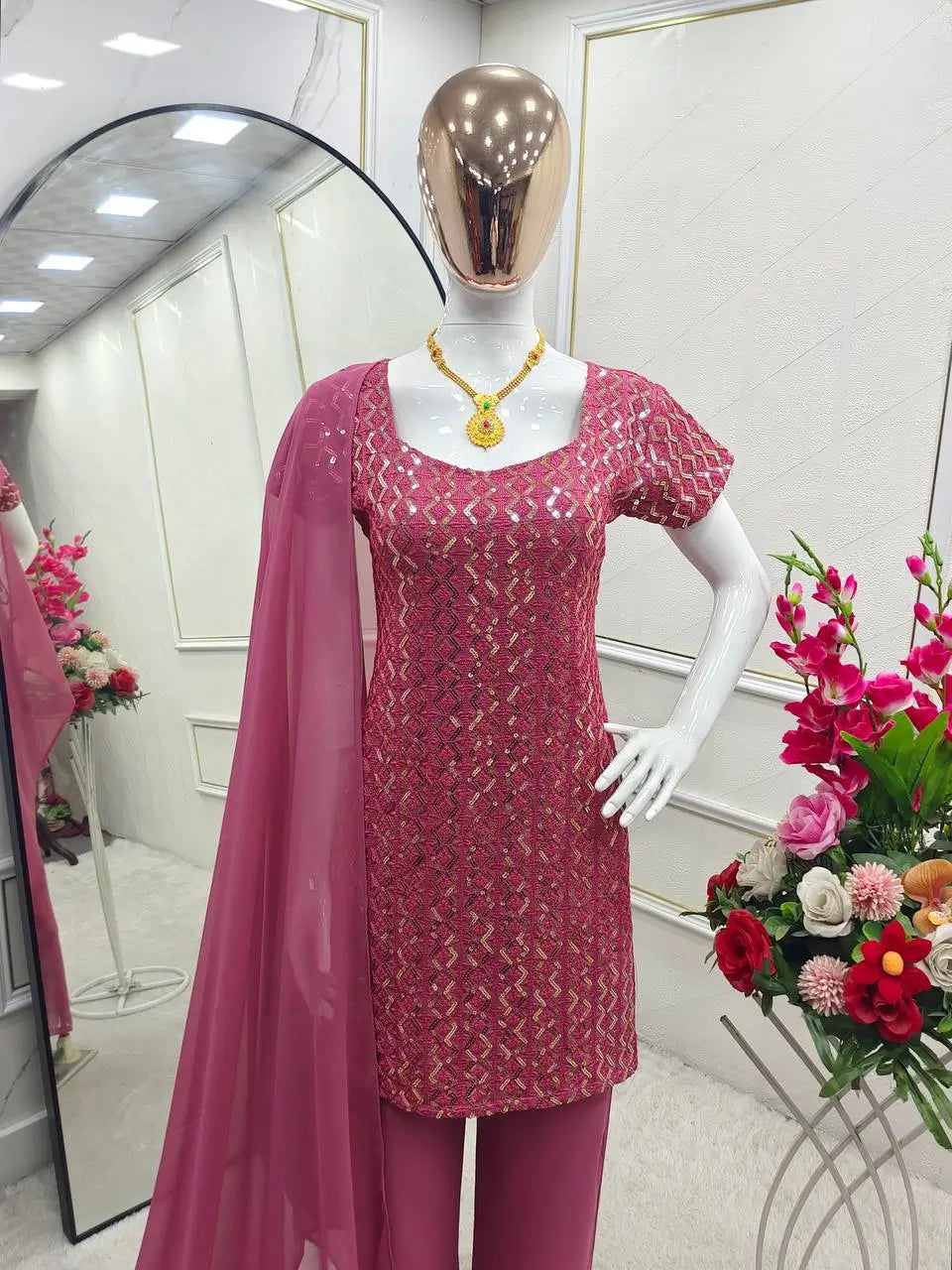 Embroidered Fox Georgette Palazzo Suit Set