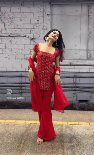 Embroidered Fox Georgette Palazzo Suit Set