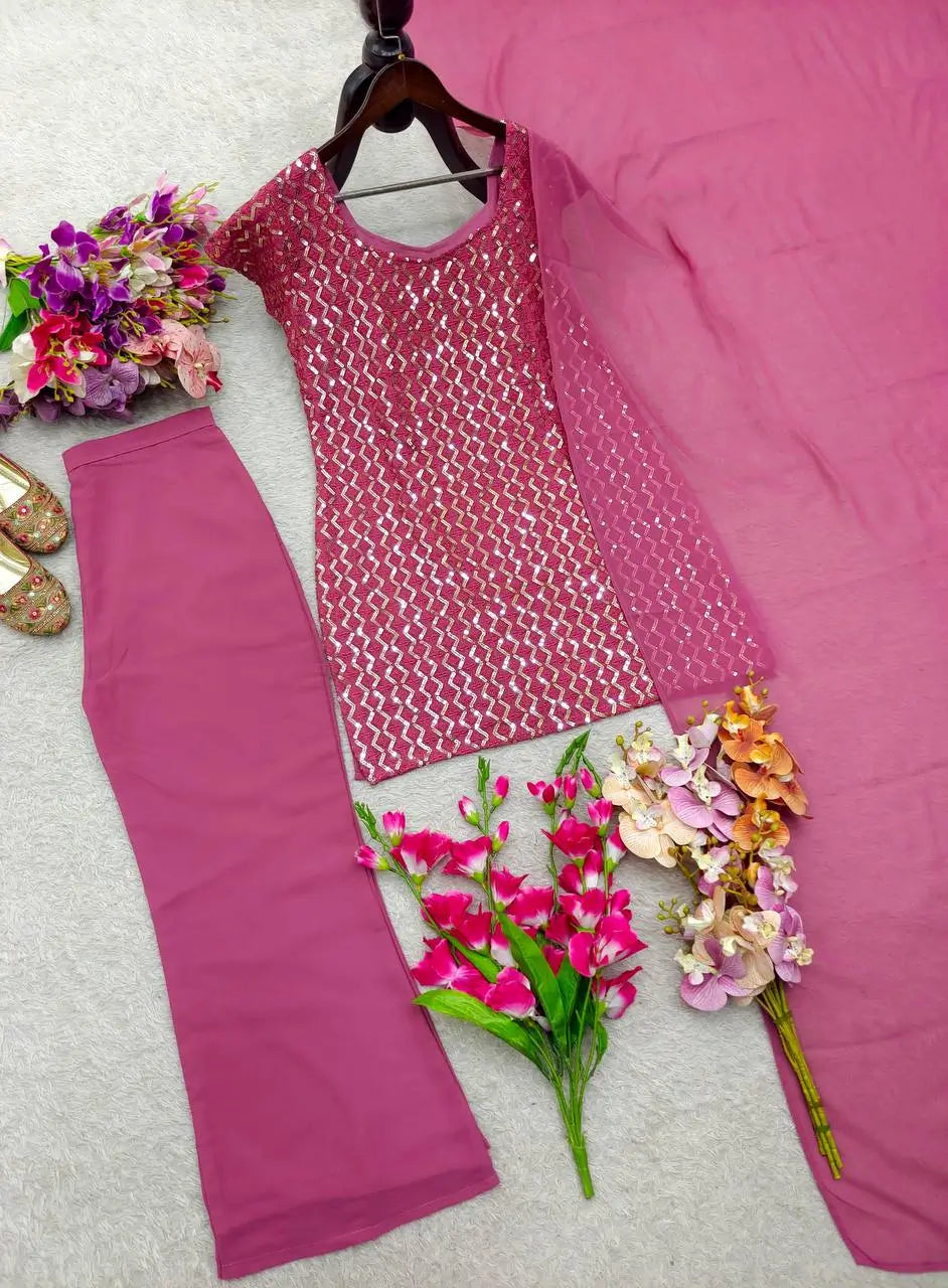 Embroidered Fox Georgette Palazzo Suit Set