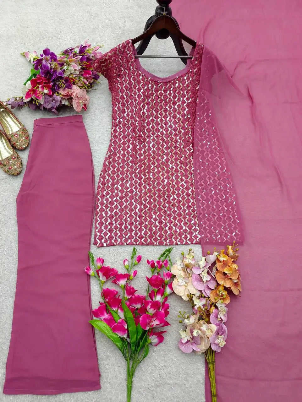 Embroidered Fox Georgette Palazzo Suit Set