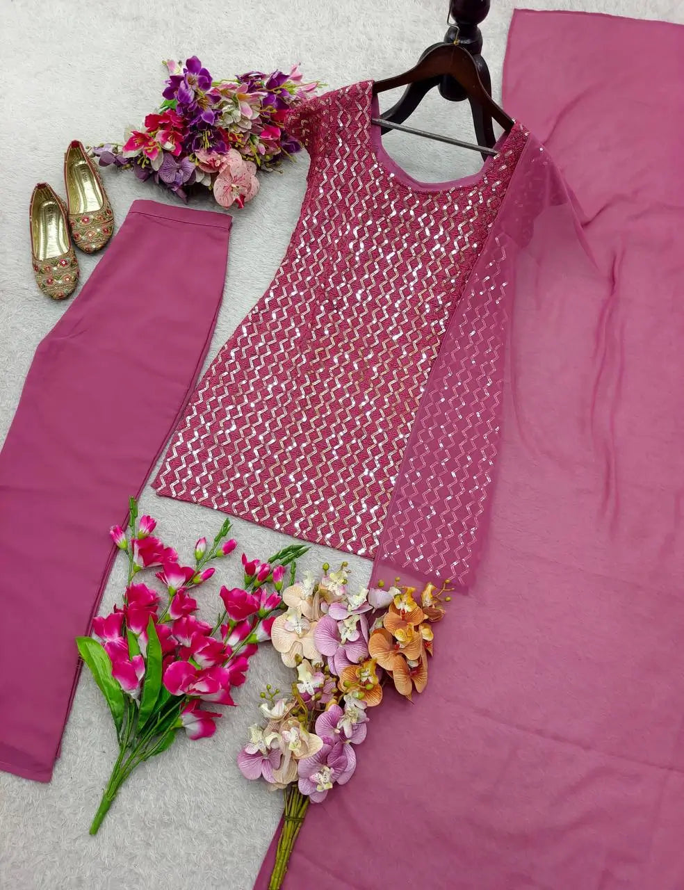 Embroidered Fox Georgette Palazzo Suit Set