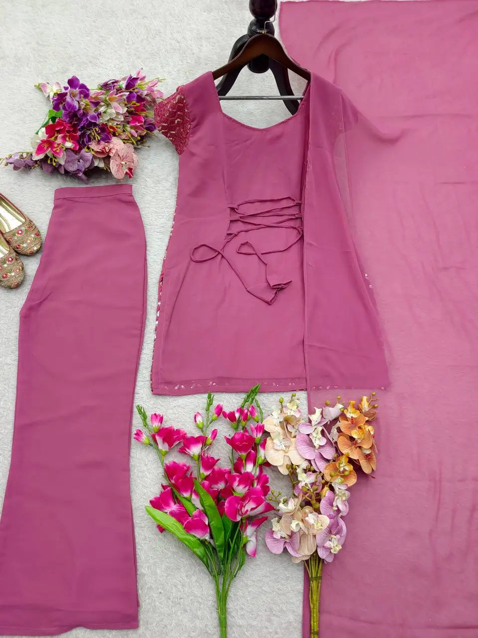 Embroidered Fox Georgette Palazzo Suit Set