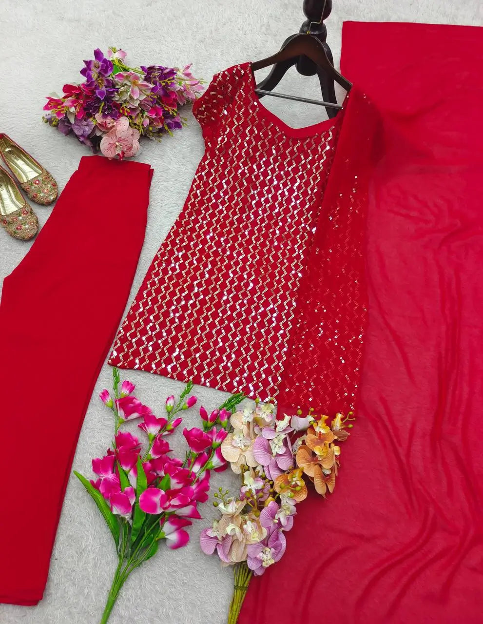 Embroidered Fox Georgette Palazzo Suit Set