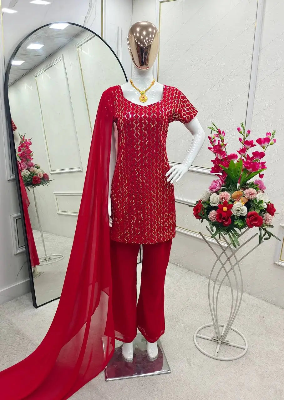 Embroidered Fox Georgette Palazzo Suit Set