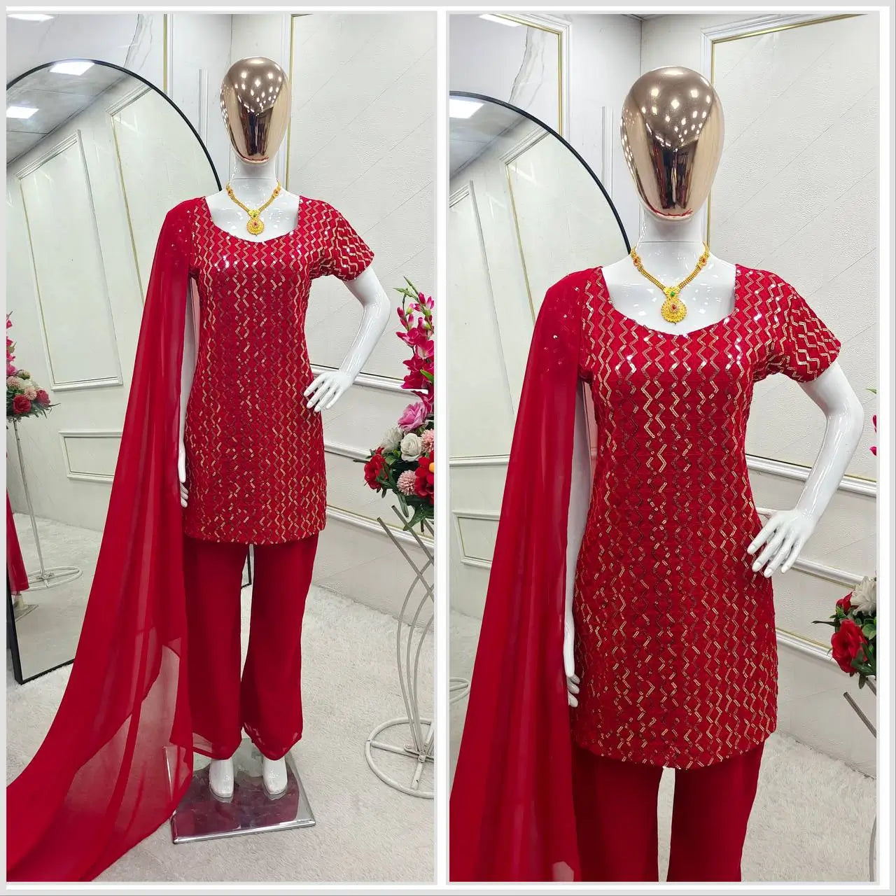 Embroidered Fox Georgette Palazzo Suit Set