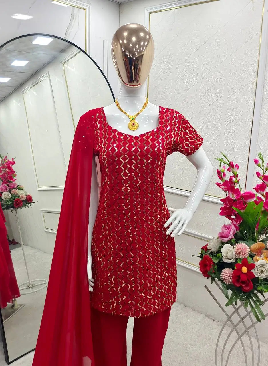 Embroidered Fox Georgette Palazzo Suit Set