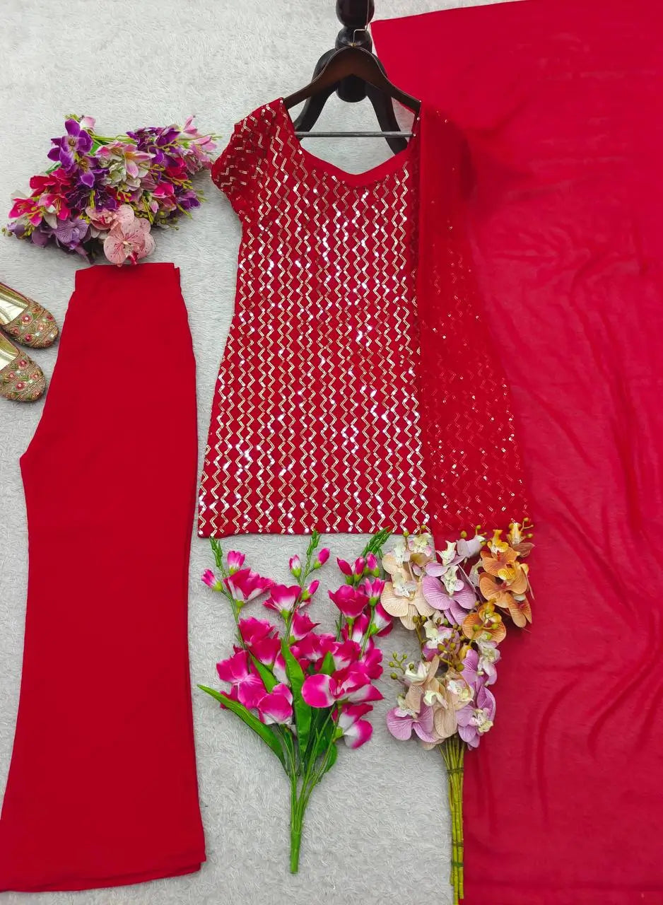Embroidered Fox Georgette Palazzo Suit Set