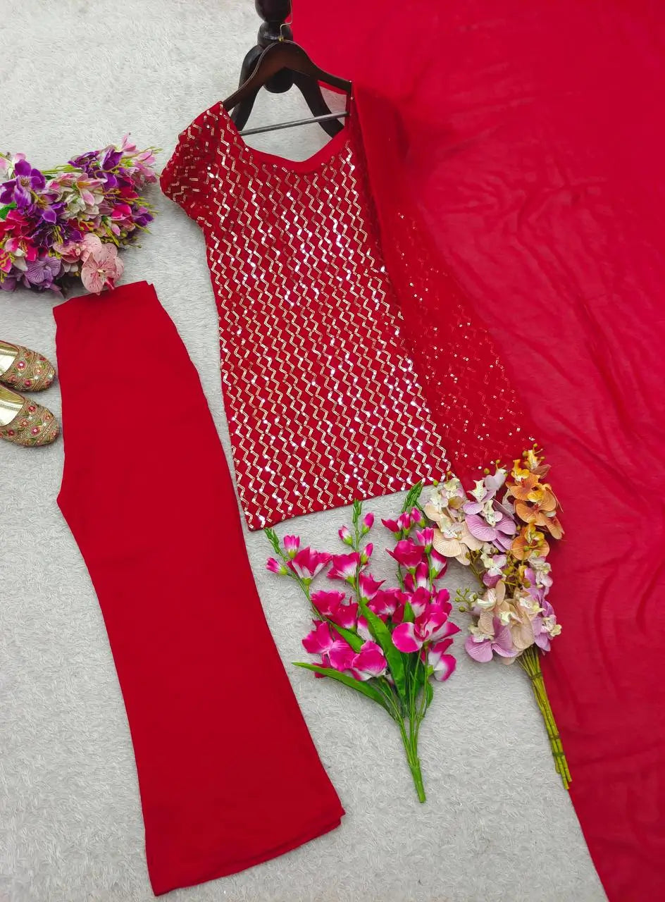 Embroidered Fox Georgette Palazzo Suit Set