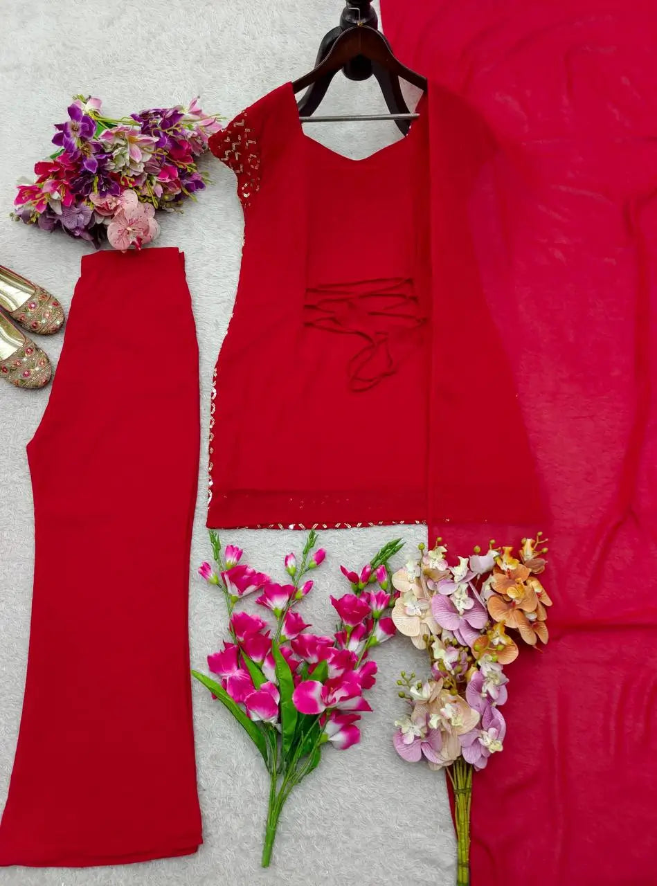 Embroidered Fox Georgette Palazzo Suit Set