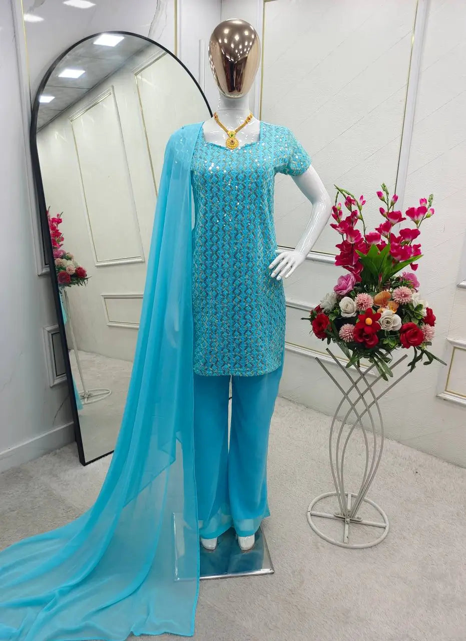 Embroidered Fox Georgette Palazzo Suit Set