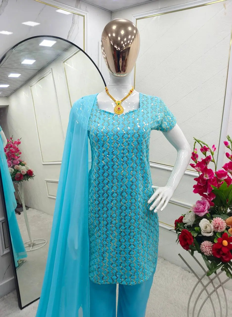 Embroidered Fox Georgette Palazzo Suit Set