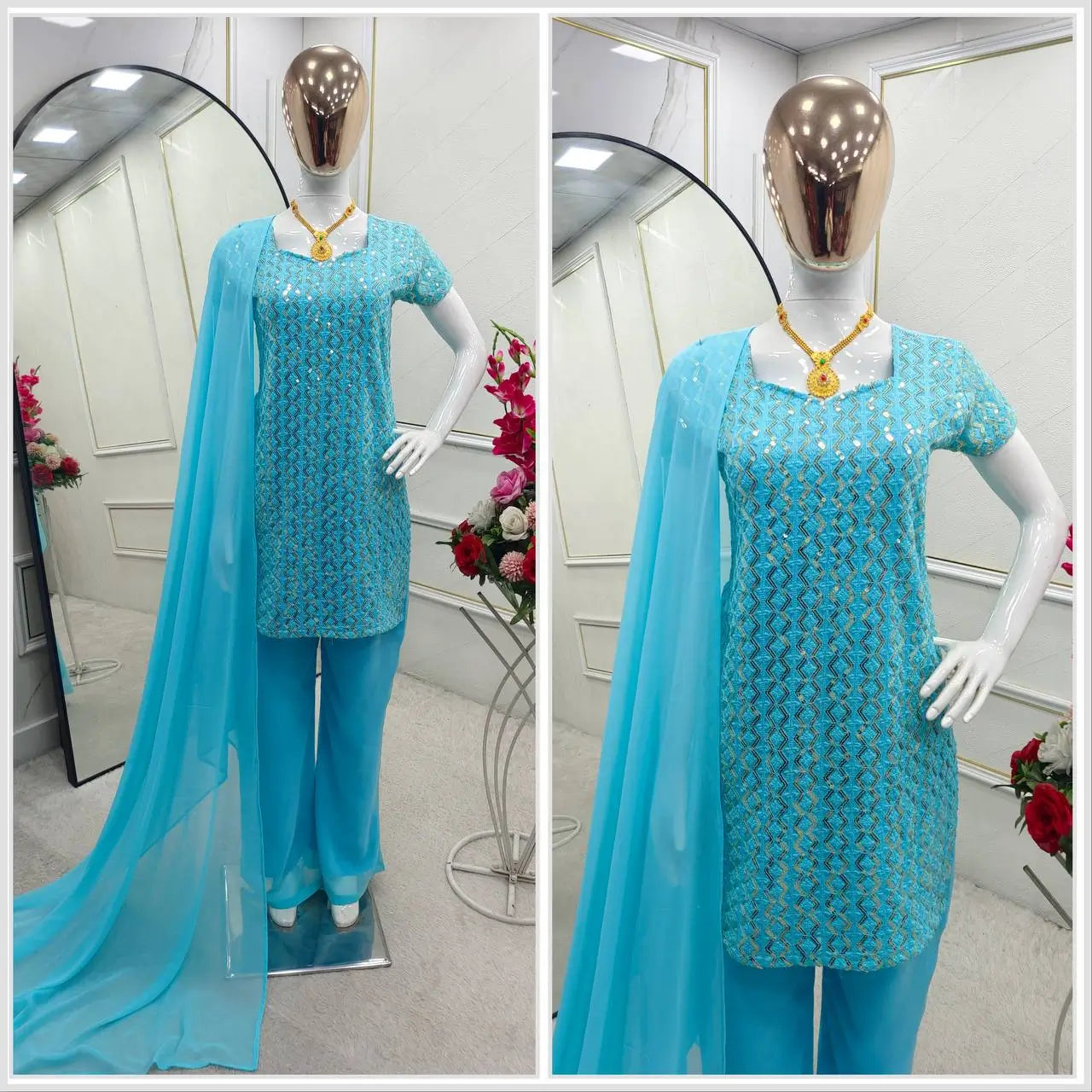Embroidered Fox Georgette Palazzo Suit Set