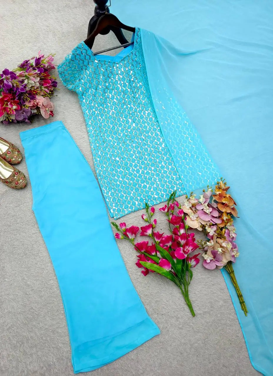 Embroidered Fox Georgette Palazzo Suit Set