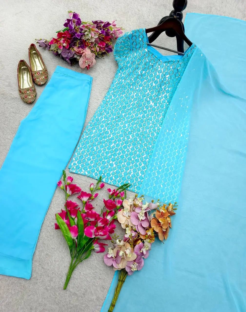 Embroidered Fox Georgette Palazzo Suit Set